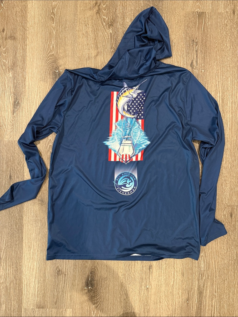 Men's Navy Graphic Hooded Fishing Shirt with American Flag Marlin Design